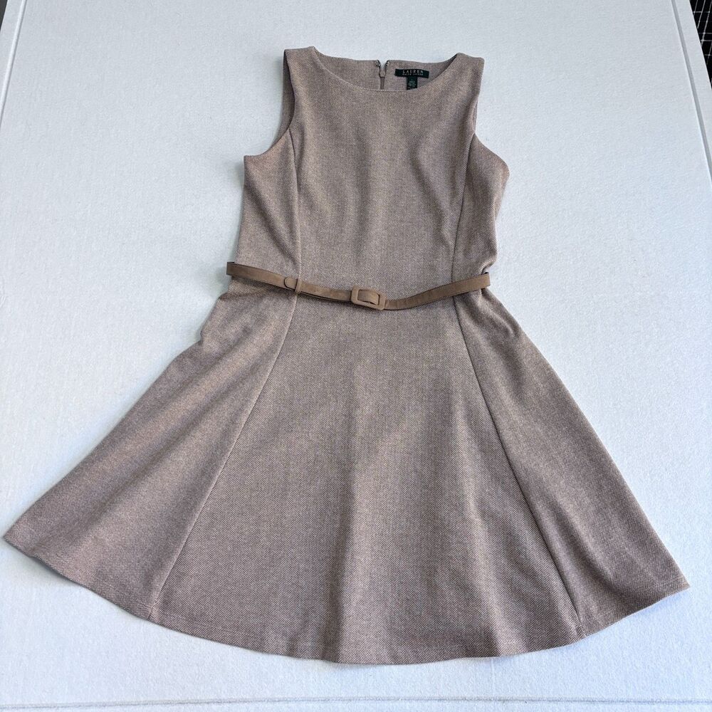 Ralph Lauren Herringbone Pattern Dress Women's L Tan Sleeveless A Line Preppy